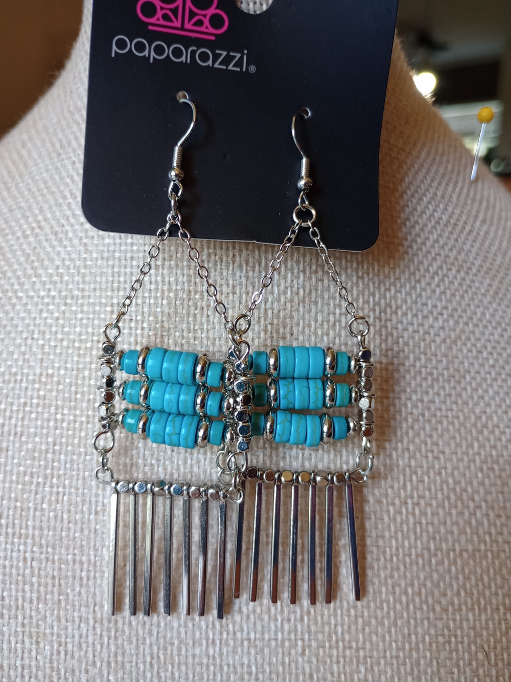 paparazzi Turquoise and Silver Beaded Fringe Dangle Earrings